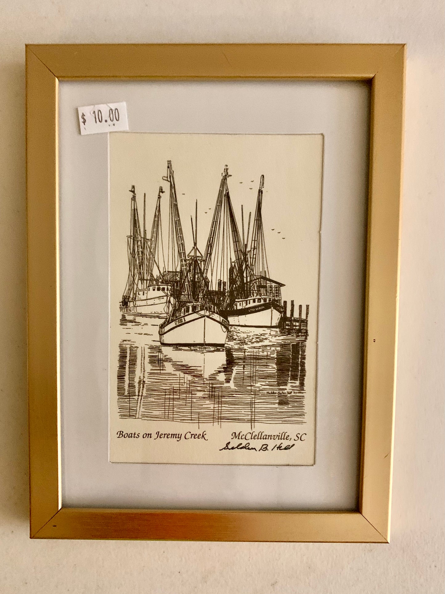 Framed Pen & Ink Print "Boats on Jeremy Creek" Signed by the Artist