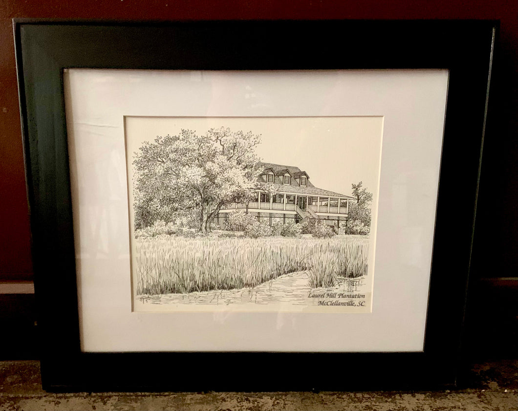Original Framed Pen & Ink Drawing ~ Laurel Hill Plantation, McClellanville, SC