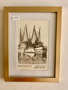 Framed Pen & Ink Print "Boats on Jeremy Creek"  Signed by the Artist
